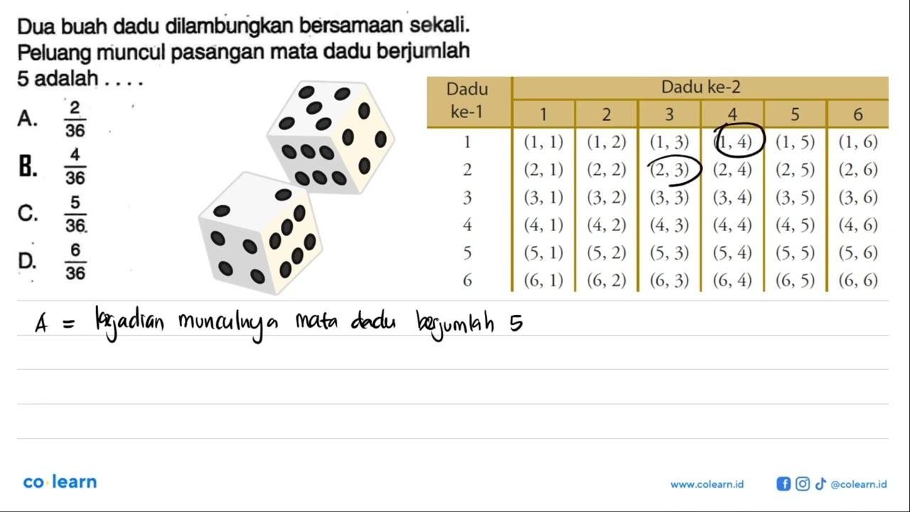 Dua buah dadu dilambungkan bersamaan sekali. Peluang muncul