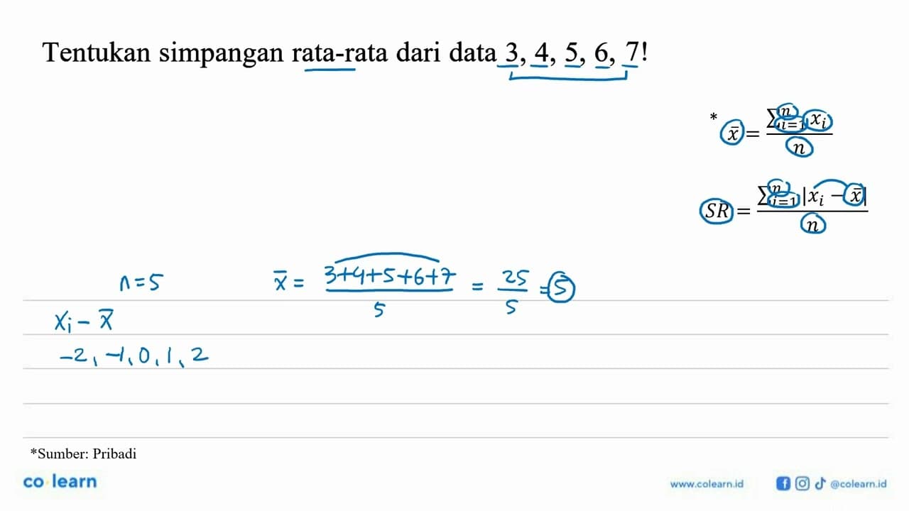 Tentukan simpangan rata-rata dari data 3, 4, 5, 6, 7!