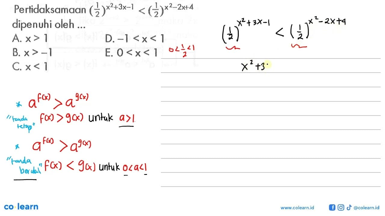 Pertidaksamaan (1/2)^(x^2+3x-1)<(1/2)^(x^2-2x+4) dipenuhi