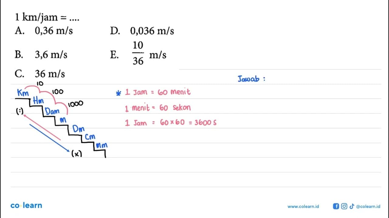 1 km/jam = .... A. 0,36 m/s B. 3,6 m/s C. 36 m/s D. 0,036