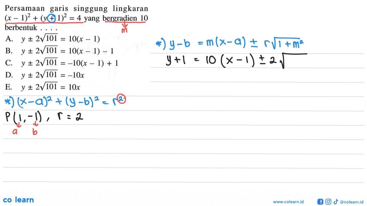 Persamaan garis singgung lingkaran (x-1)^2+(y+1)^2=4 yang