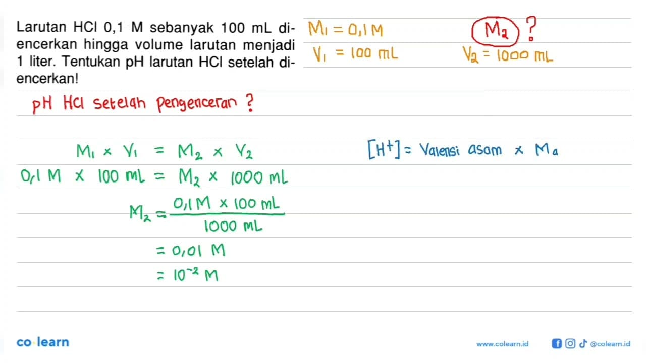 Larutan HCI 0,1 M sebanyak 100 mL diencerkan hingga volume