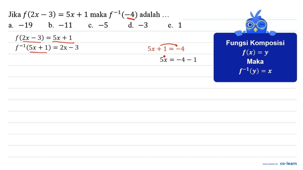 Jika f(2x - 3) = 5x + 1 maka f^(-1)(-4) adalah ...