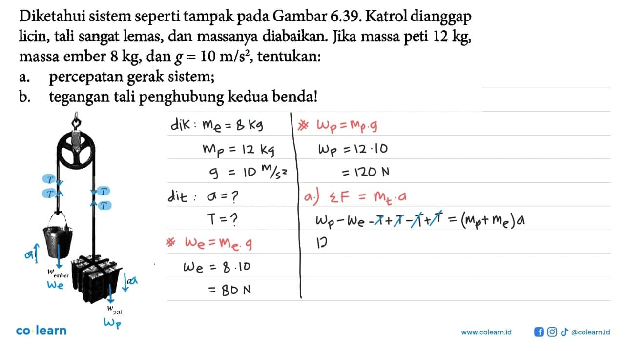 Diketahui sistem seperti tampak pada Gambar 6.39. Katrol