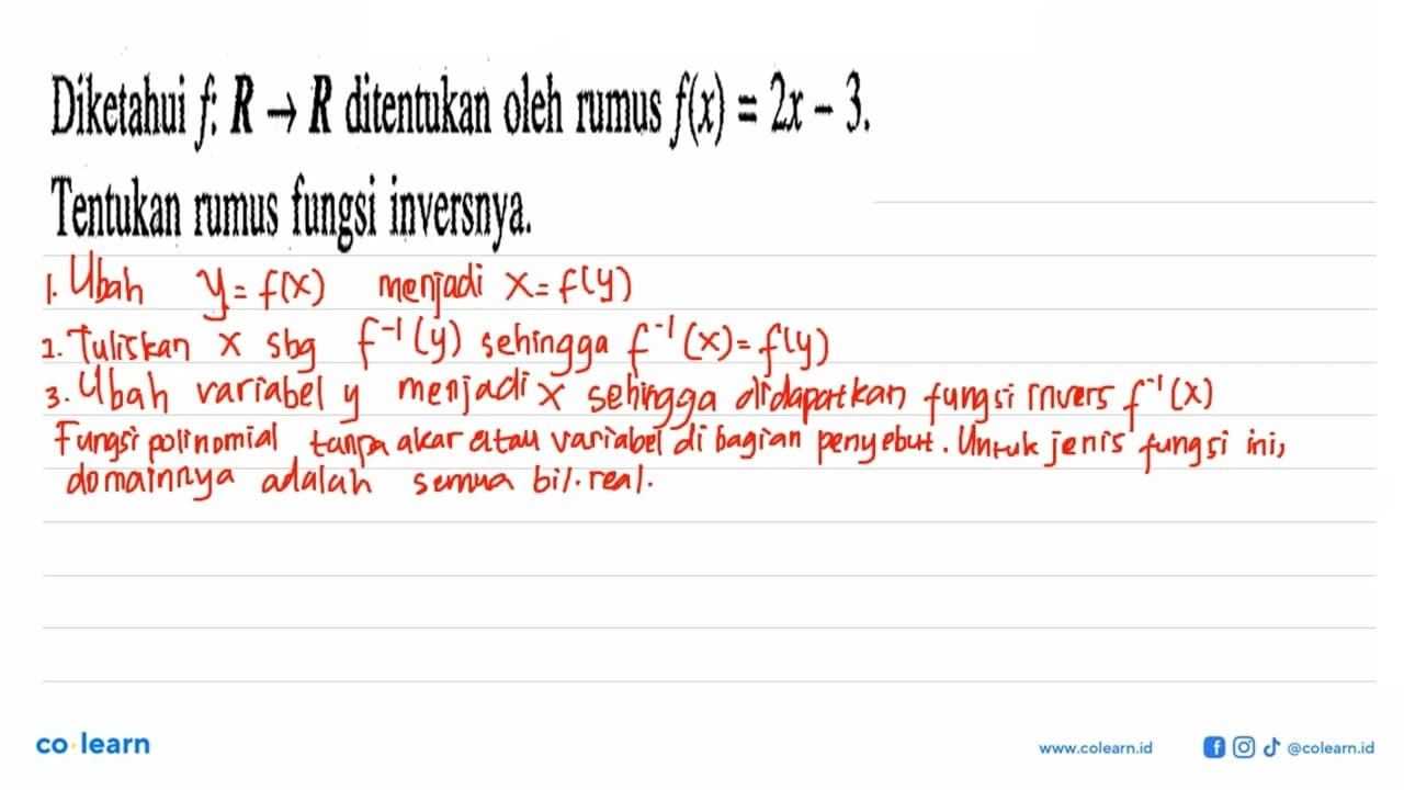 Diketahui f: R -> R ditentukan oleh rumus f(x)=2 x-3