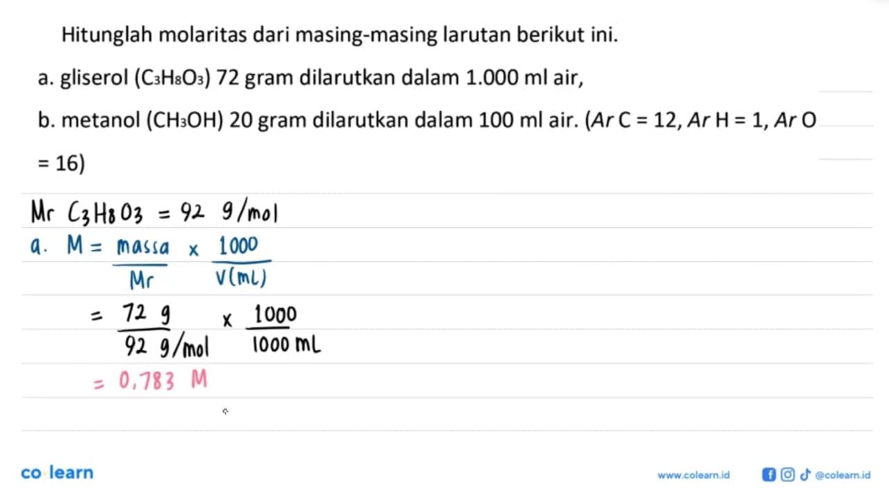 Hitunglah molaritas dari masing-masing larutan berikut ini.