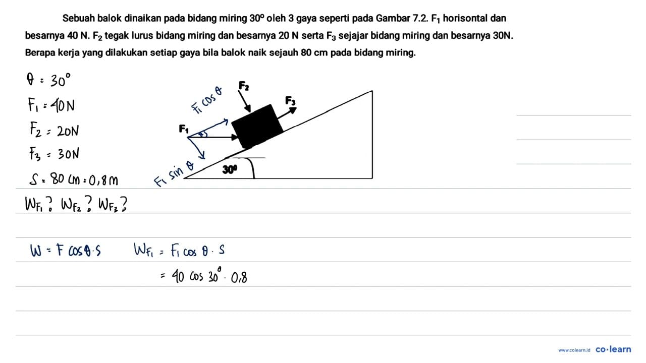 Sebuah balok dinaikan pada bidang miring 30 oleh 3 gaya