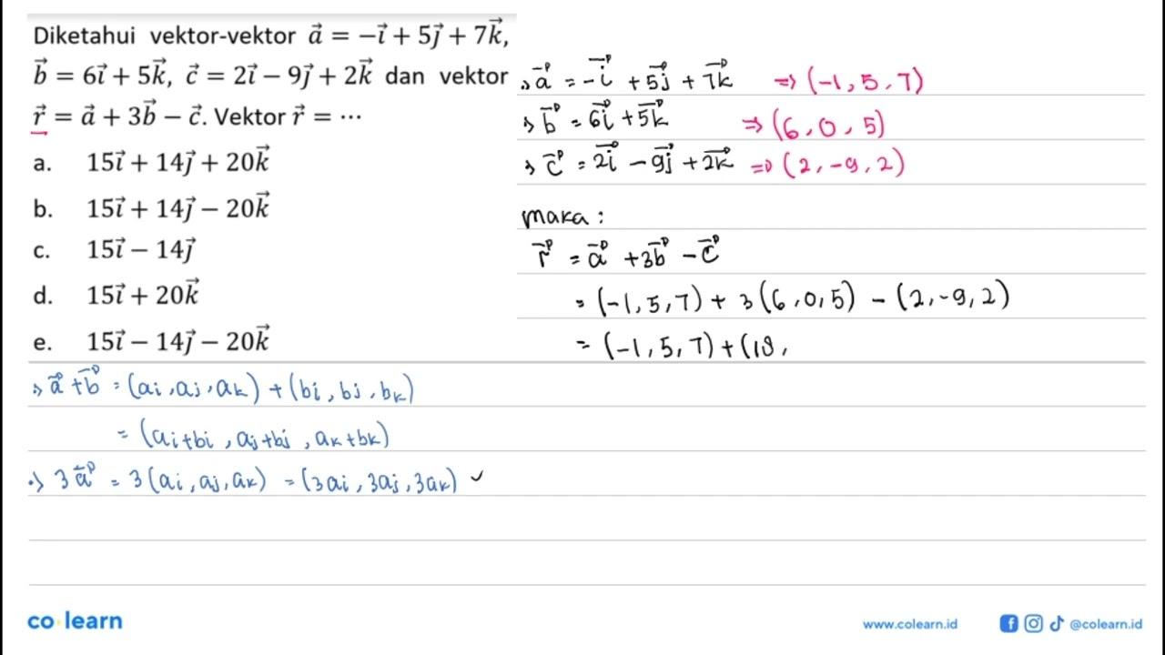 Diketahui vektor-vektor a = -i + 5j + 7k, vektor b = 6i +