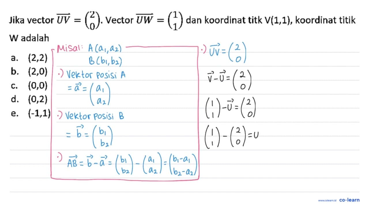 Jika vector UV=(2 0). Vector UW=(1 1) dan koordinat titik