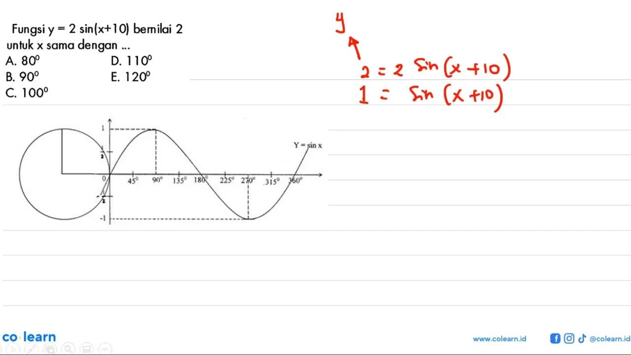 Fungsi y=2 sin (x+10) bemilai 2 untuk x sama dengan ...