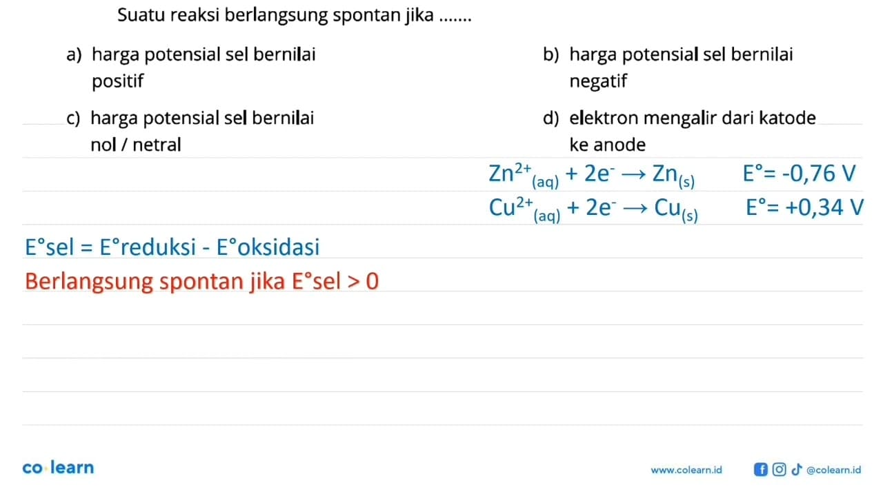 Suatu reaksi berlangsung spontan jika .......