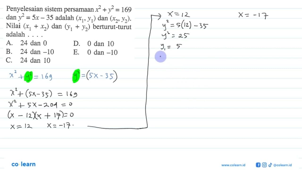 Penyelesaian sistem persamaan x^2+y^2=169 dan y^2=5x-35