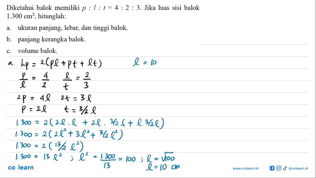 Diketahui balok memiliki p:l:t=4:2:3. Jika luas sisi balok