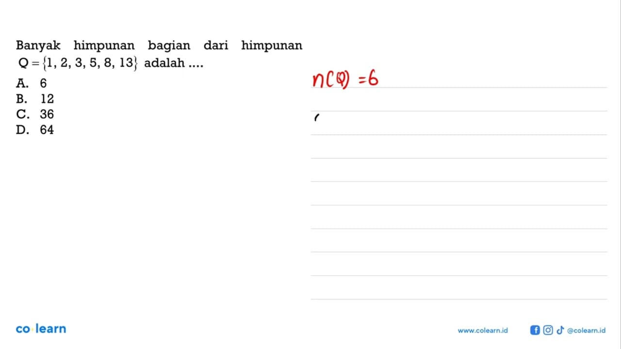 Banyak himpunan bagian dari himpunan Q = {1, 2, 3, 5, 8,