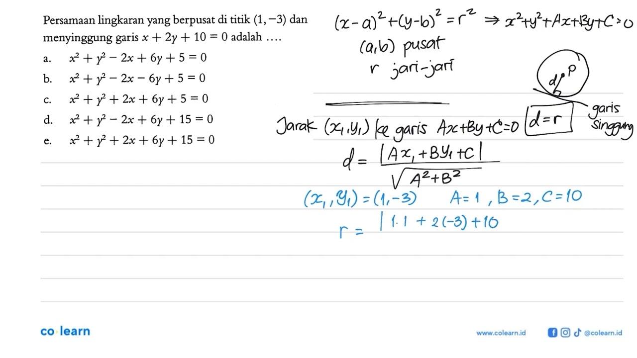 Persamaan lingkaran yang berpusat di titik (1,-3) dan