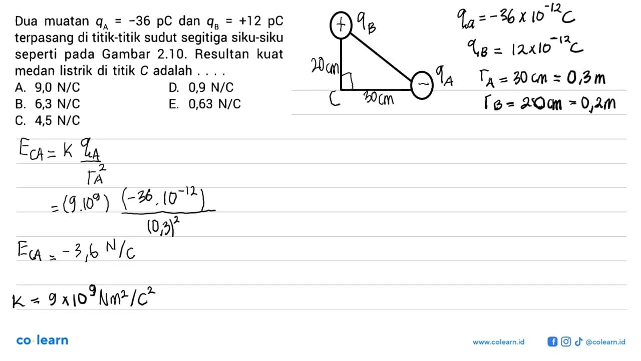 Dua muatan qA = -36 pC dan qB = +12 pC terpasang di