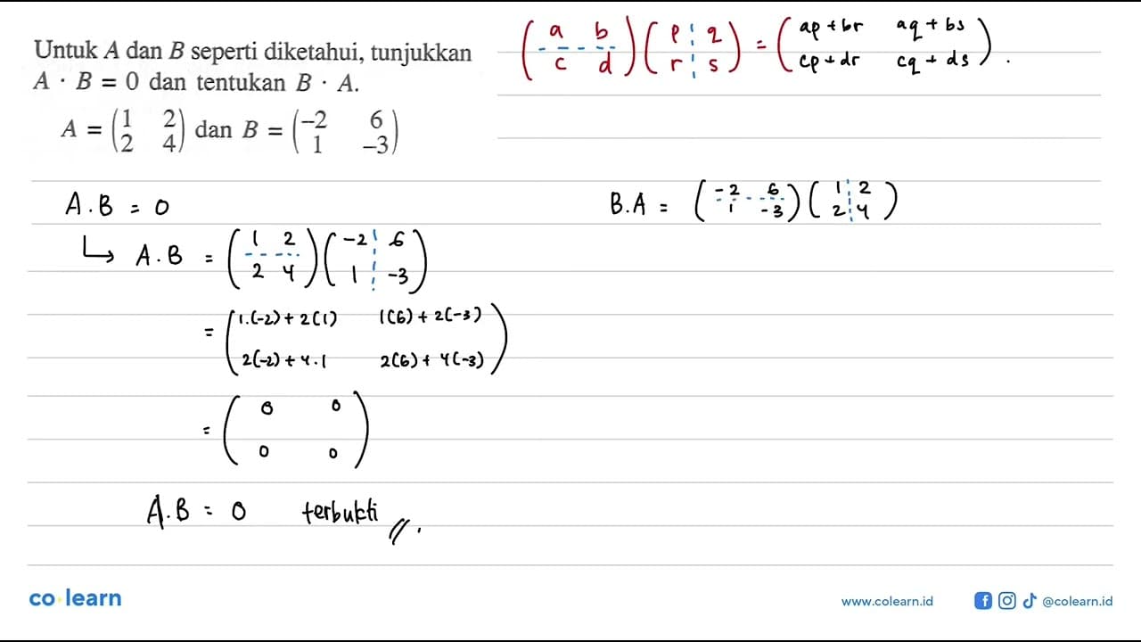 Untuk A dan B seperti diketahui, tunjukkan A.B=0 dan