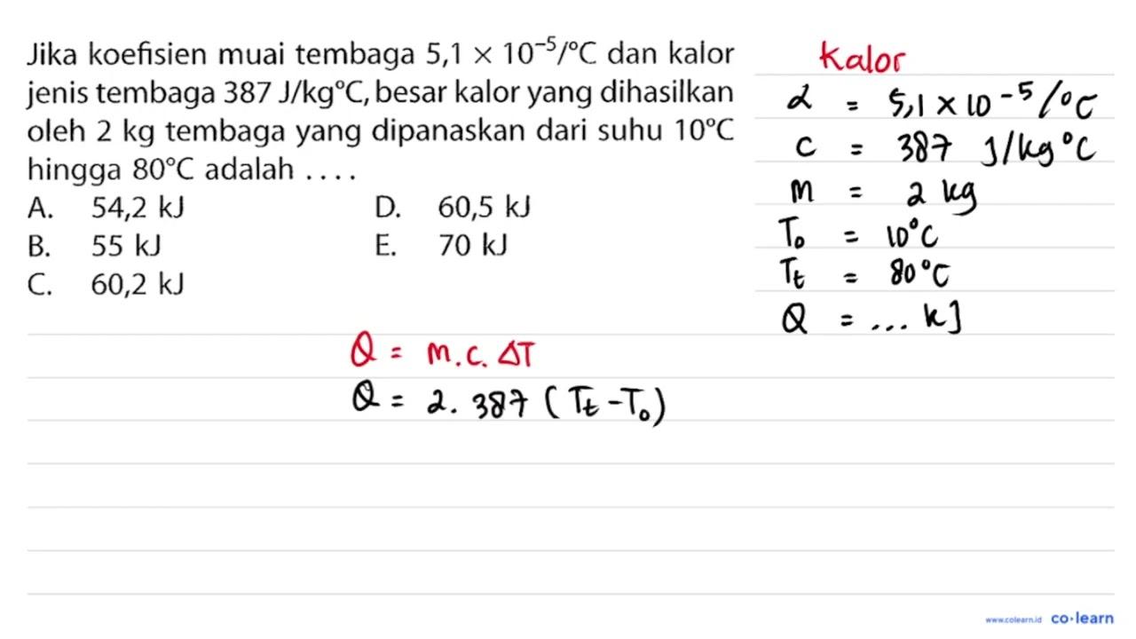 Jika koefisien muai tembaga 5,1 x 10^(-5) /{ ) C dan kalor