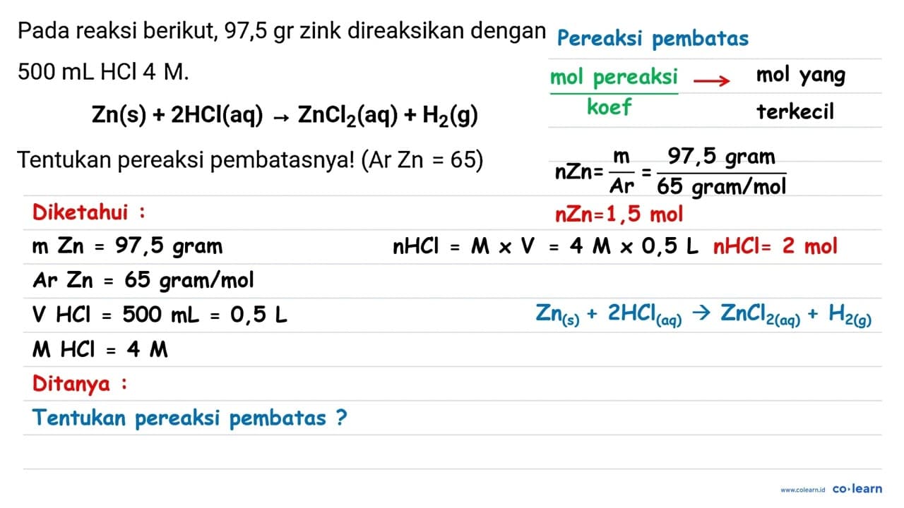 Pada reaksi berikut, 97,5 gr zink direaksikan dengan 500