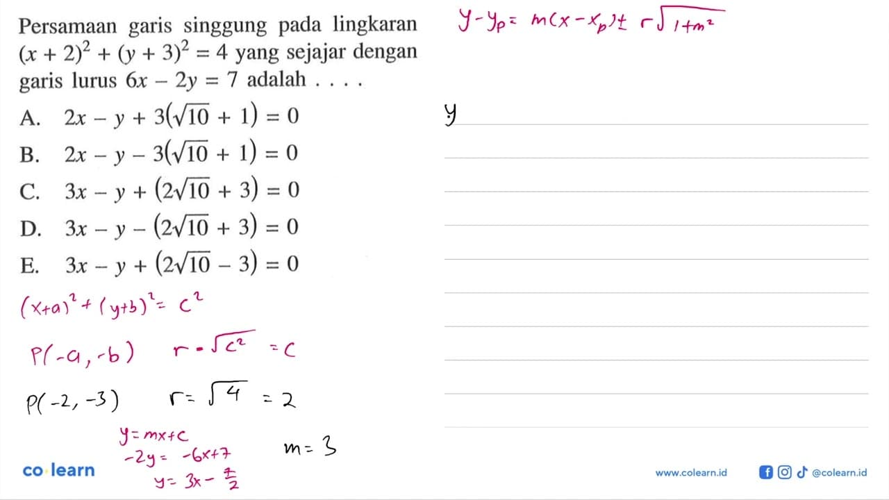 Persamaan garis singgung pada lingkaran (x+2)^2+(y+3)^2=4