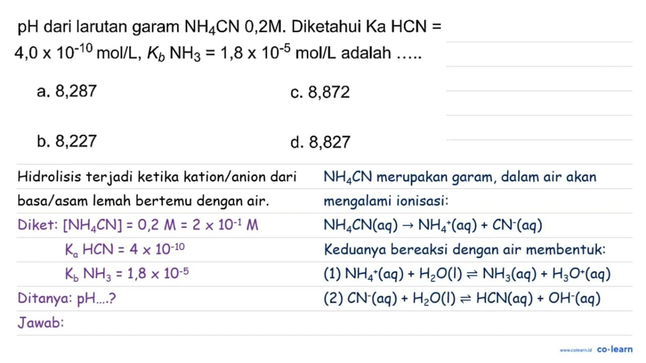 pH dari larutan garam NH4 CN 0,2M. Diketahui Ka HCN= 4,0 x