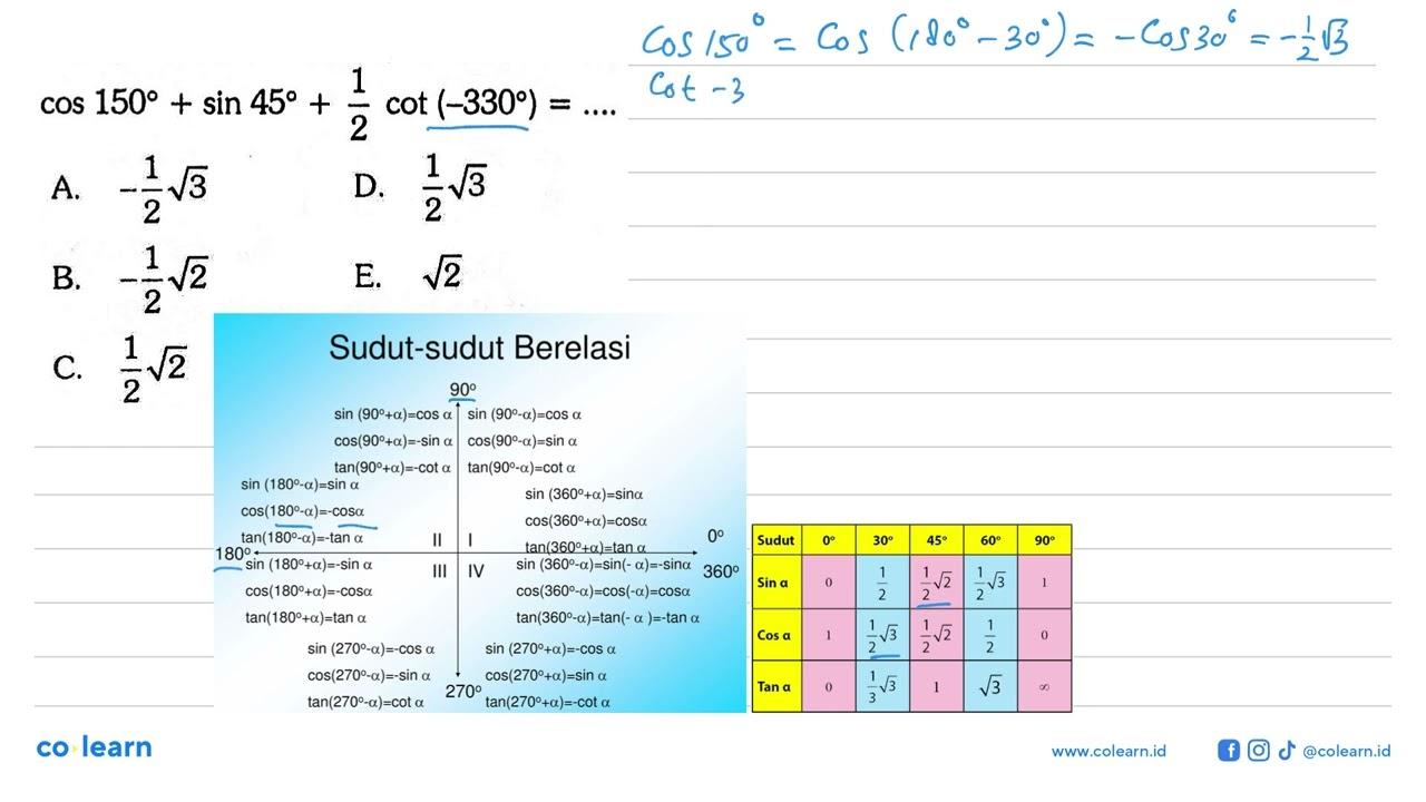 cos 150+sin 45+1/2 cot(-330)=