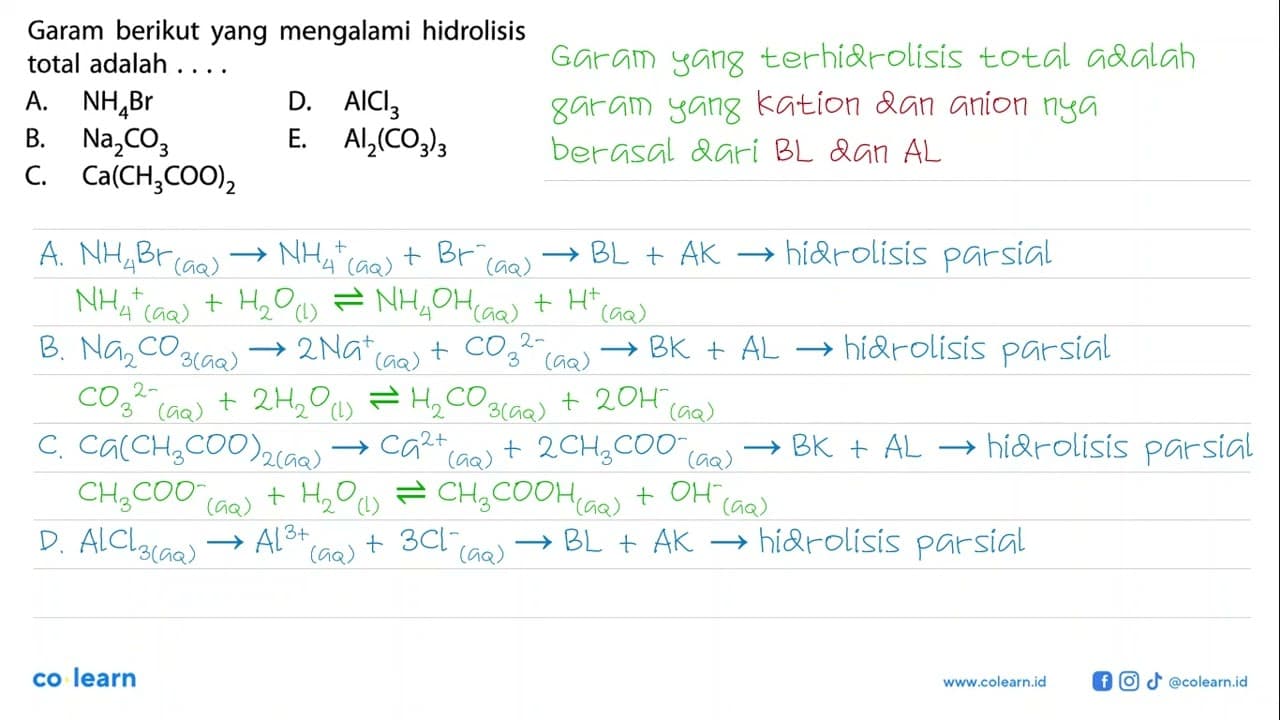 Garam berikut yang mengalami hidrolisis total adalah ....