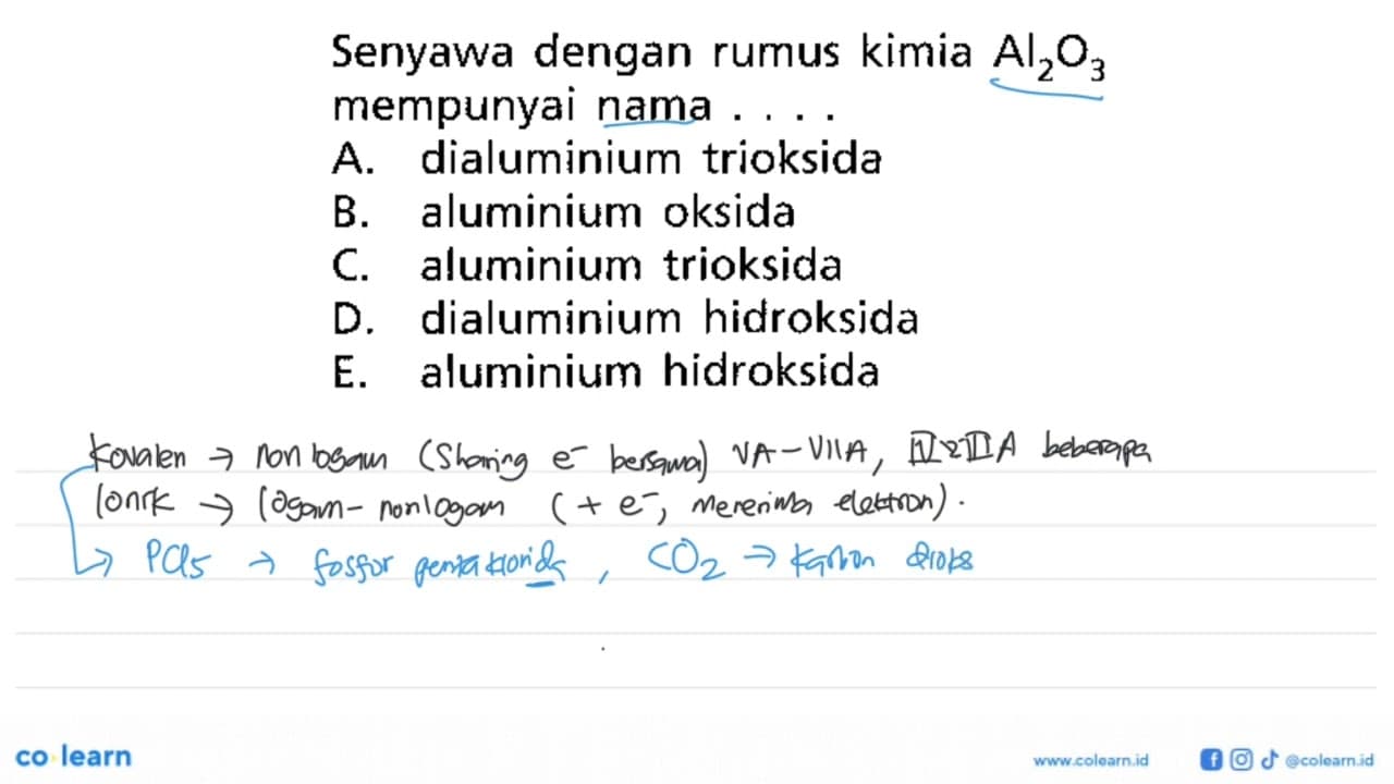 Senyawa dengan rumus kimia Al2O3 mempunyai nama ....