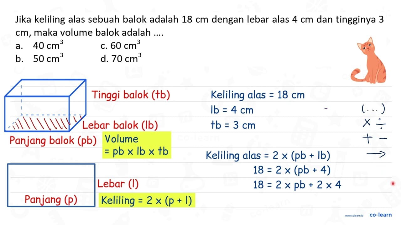 Jika keliling alas sebuah balok adalah 18 cm dengan lebar