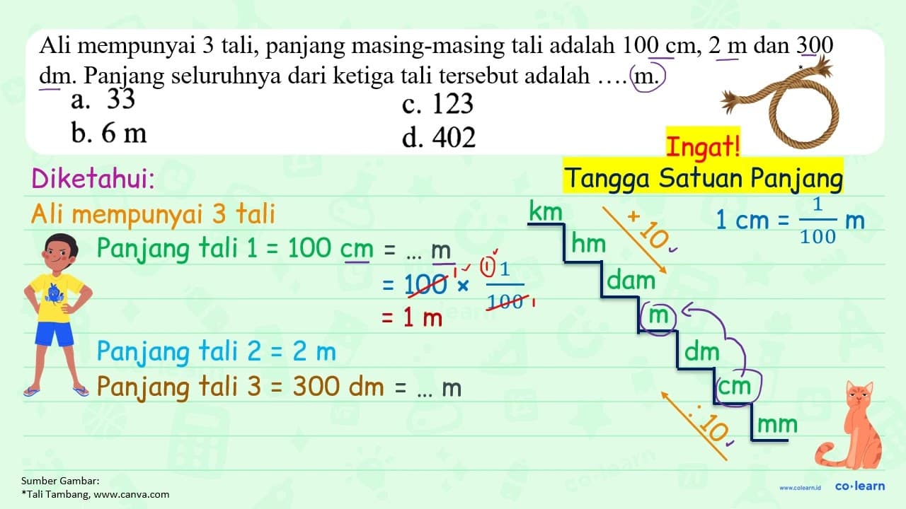 Ali mempunyai 3 tali, panjang masing-masing tali adalah 100