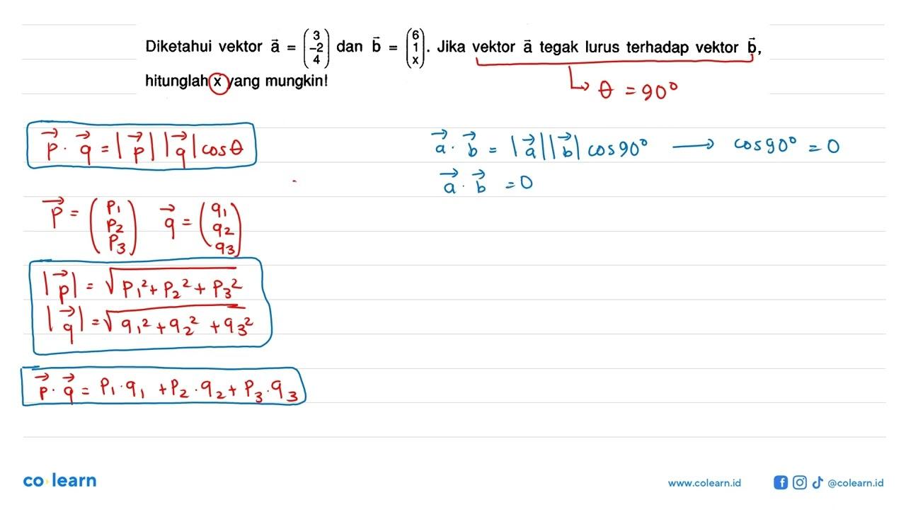 Diketahui vektor a=(3 -2 4) dan b=(6 1 x) . Jika vektor a
