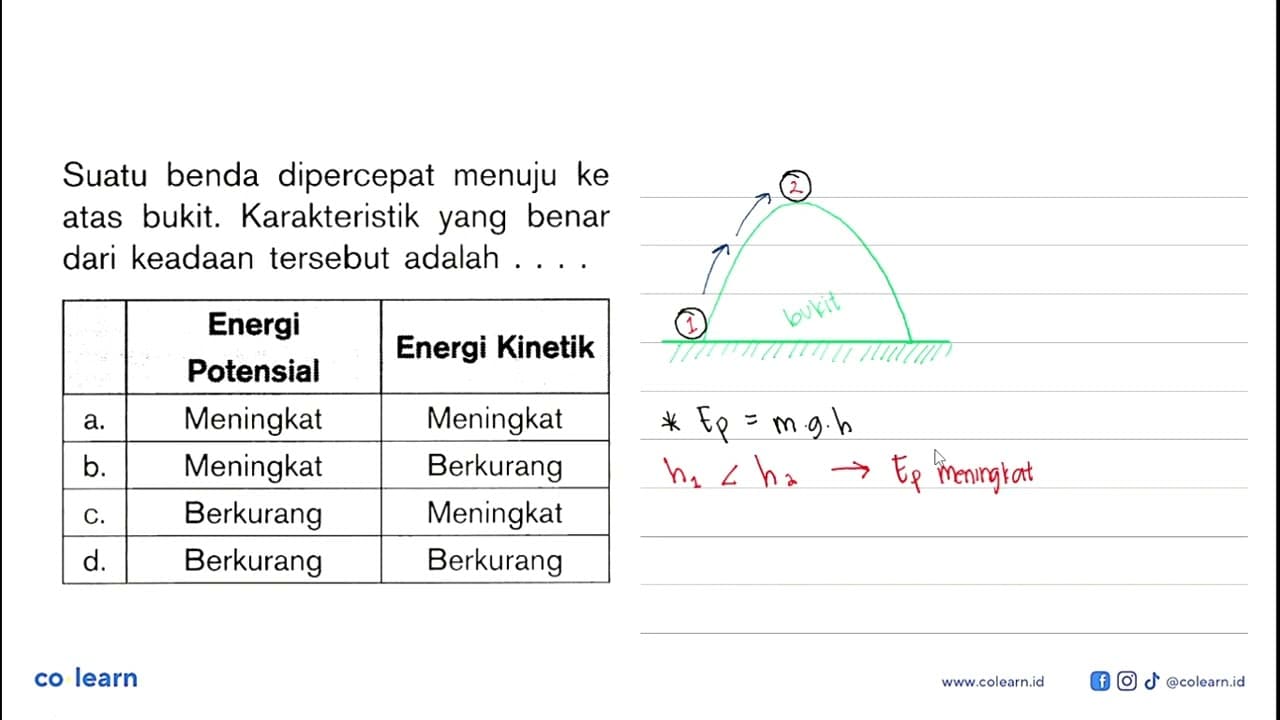 Suatu benda dipercepat menuju ke atas bukit. Karakteristik