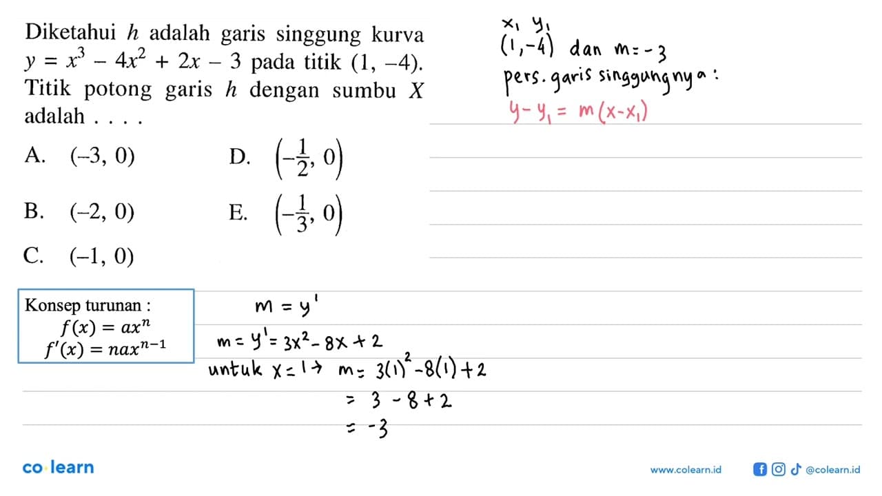 Diketahui h adalah garis singgung kurva y=x^3-4x^2+2x-3