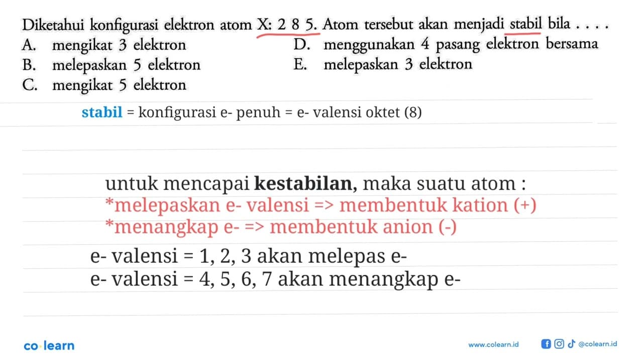 Diketahui konfigurasi elektron atom X: 2 8 5. Atom tersebut