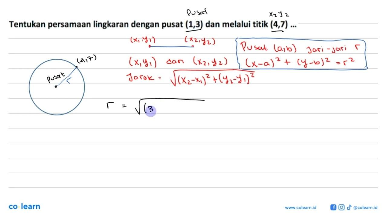 Tentukan persamaan lingkaran dengan pusat (1,3) dan melalui