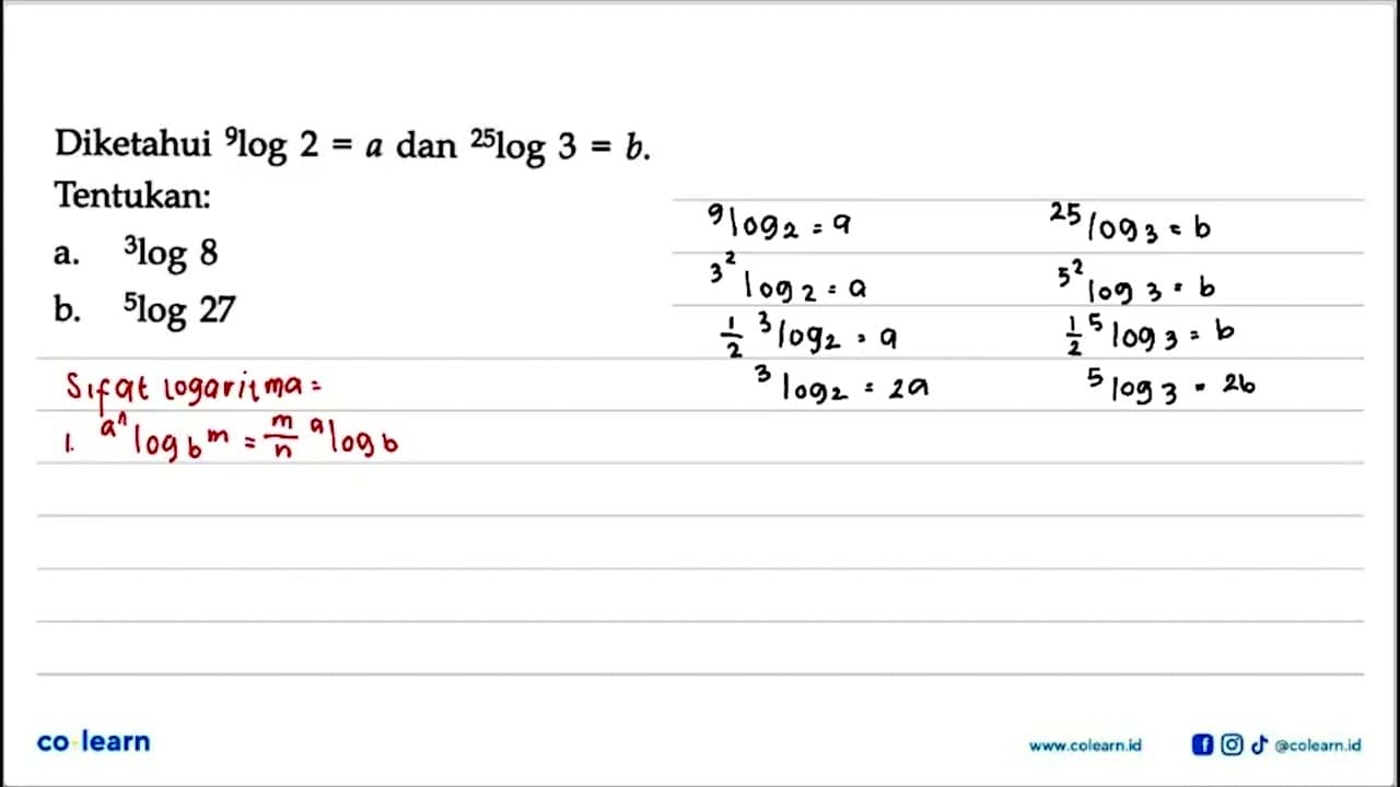 Diketahui 9log2=a dan 25log3=b. Tentukan: a. 3log8 b.