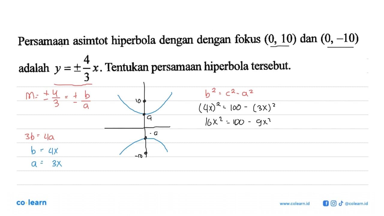 Persamaan asimtot hiperbola dengan fokus (0,10) dan (0,-10)