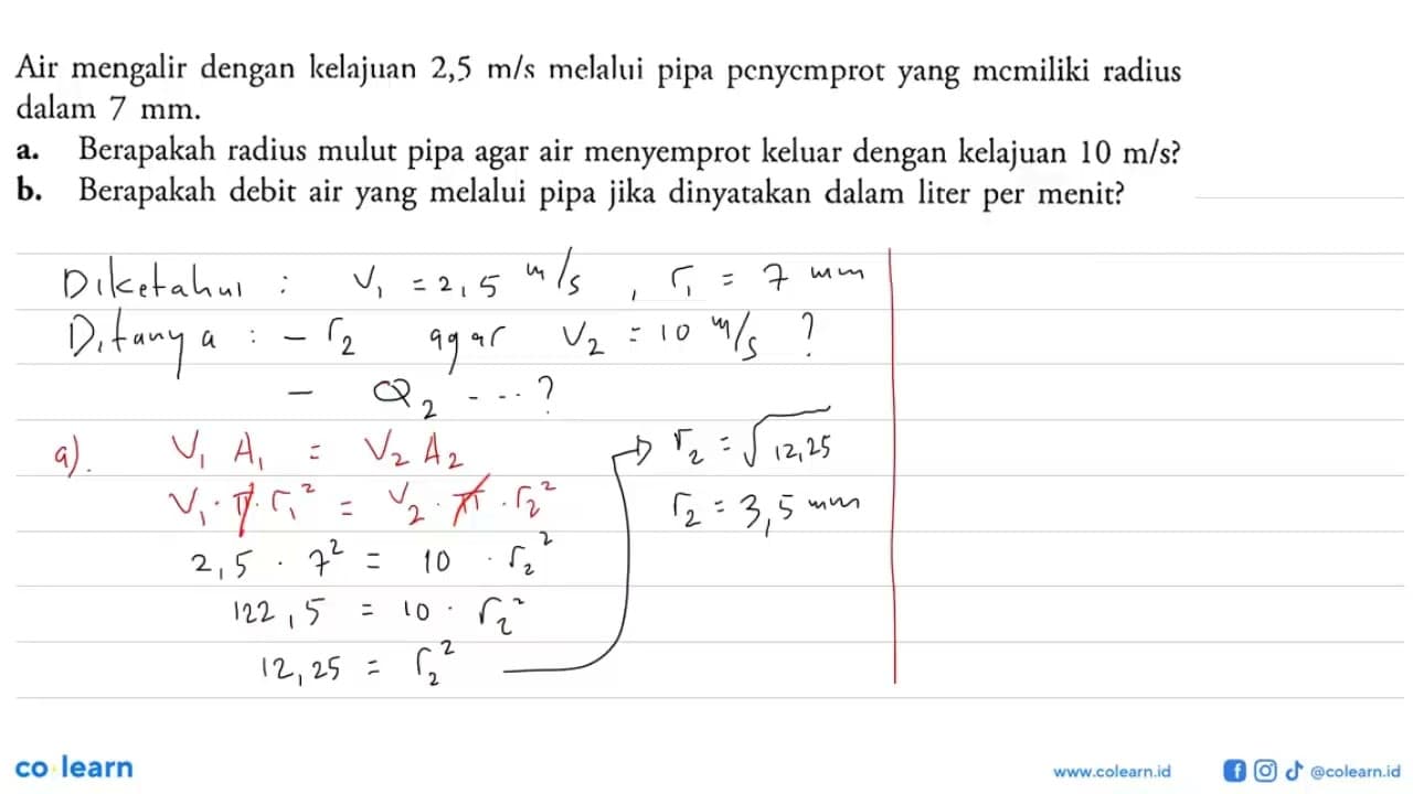 Air mengalir dengan kelajuan 2,5 m/s melalui pipa