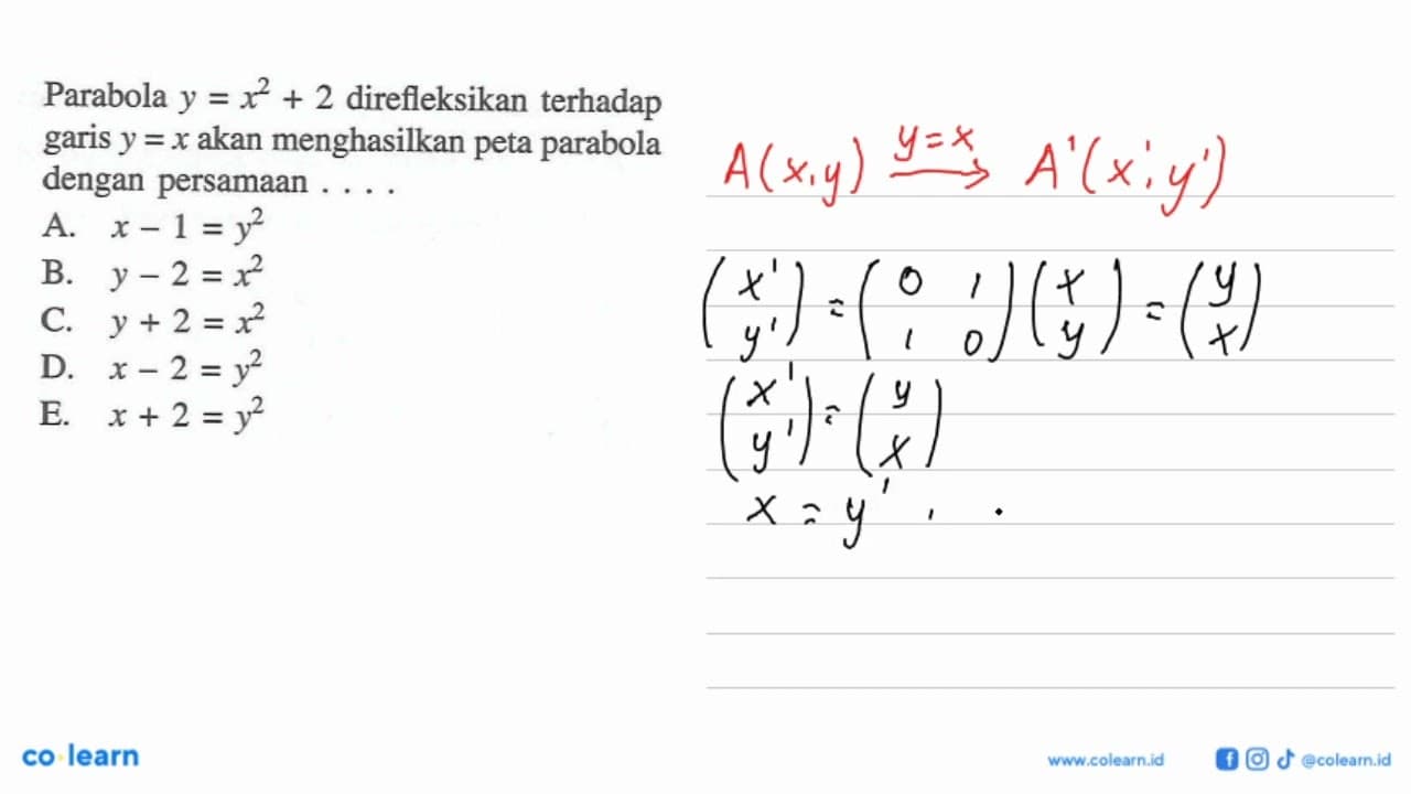 Parabola y=x^2+2 direfleksikan terhadap garis y=x akan