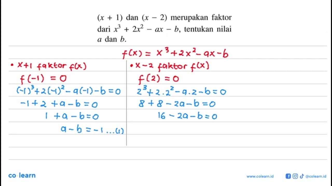 (x+1) dan (x-2) merupakan faktor dari x^3+2x^2-ax-b,