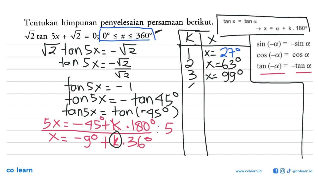 Tentukan himpunan penyelesaian persamaan berikut. akar(2)