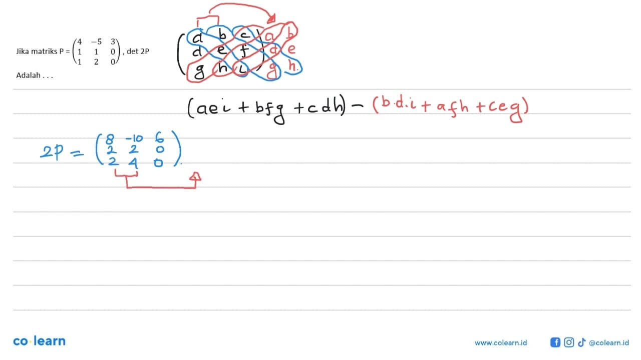 Jika matriks P = (4 -5 3 1 1 0 1 2 0), det(2P) adalah....