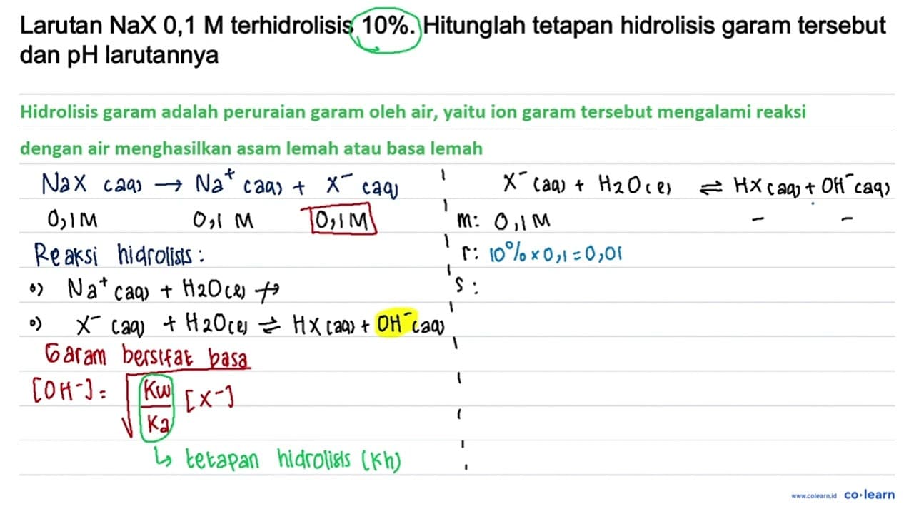 Larutan NaX 0,1 M terhidrolisis 10 %. Hitunglah tetapan