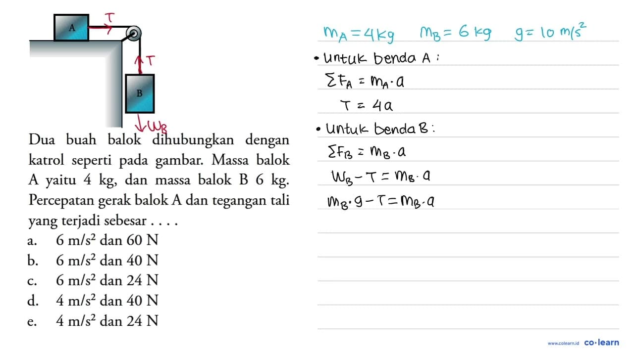 A B Dua buah balok dihubungkan dengan katrol seperti pada