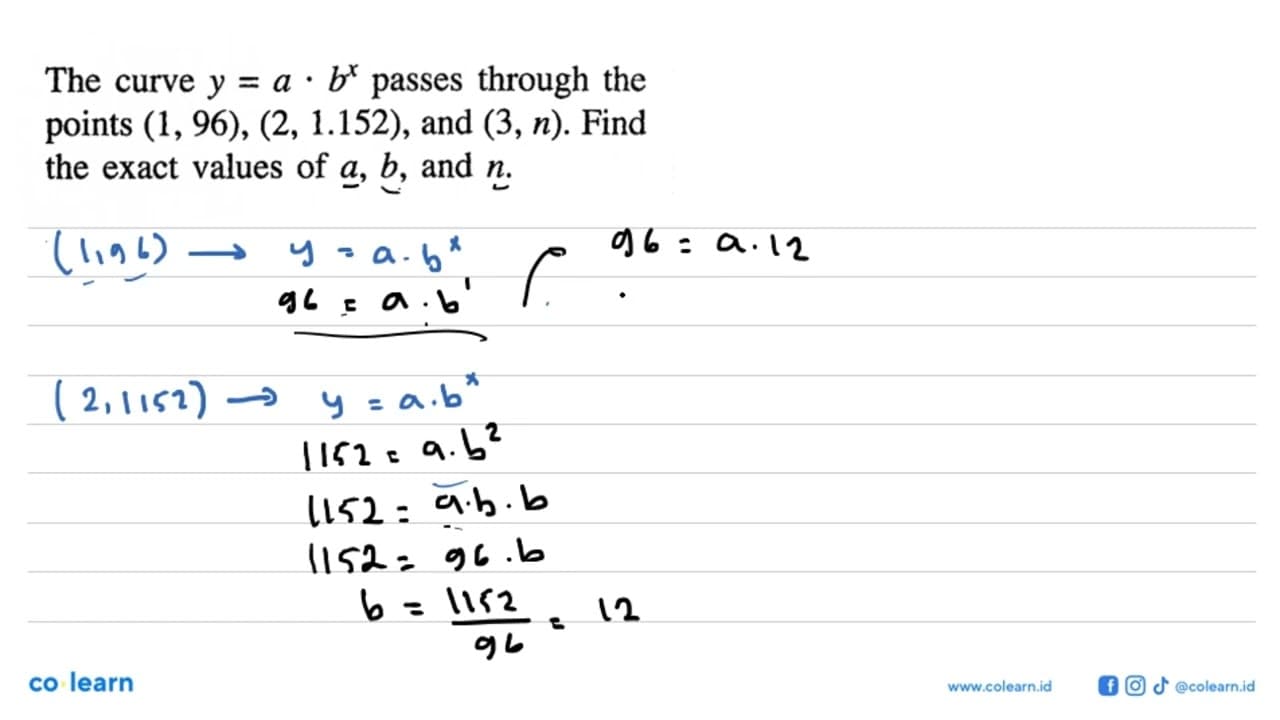 The curve y=a . b^x passes through the points (1,96), (2,