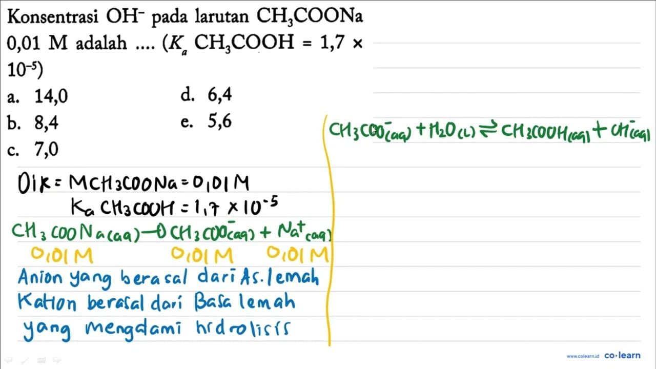 Konsentrasi OH^- pada larutan CH3 COONa 0,01 M adalah ....