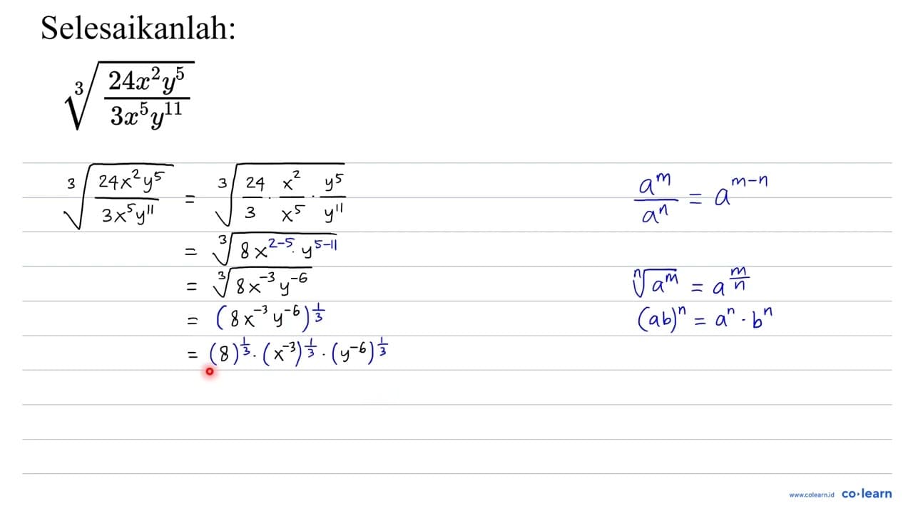 Selesaikanlah: sqrt[3]{(24 x^(2) y^(5))/(3 x^(5) y^(11)))