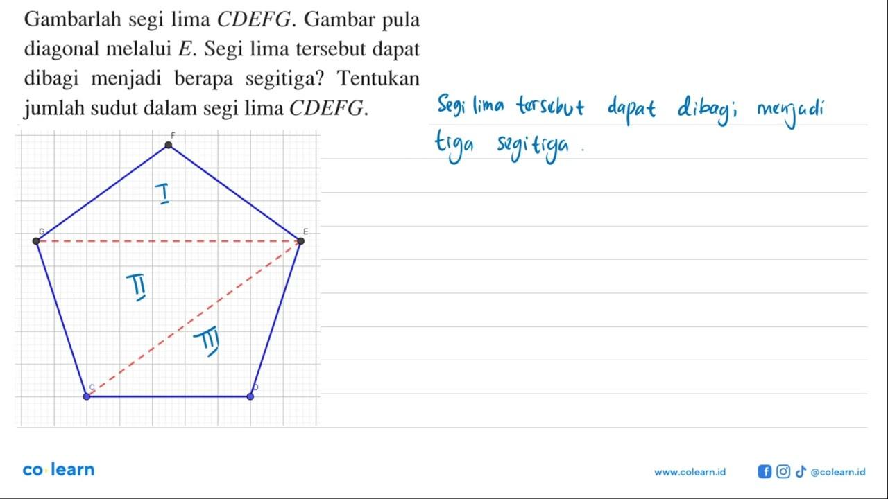 Gambarlah segi lima CDEFG. Gambar pula diagonal melalui E.