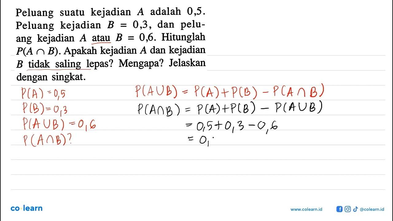 Peluang suatu kejadian A adalah 0,5. Peluang kejadian B =