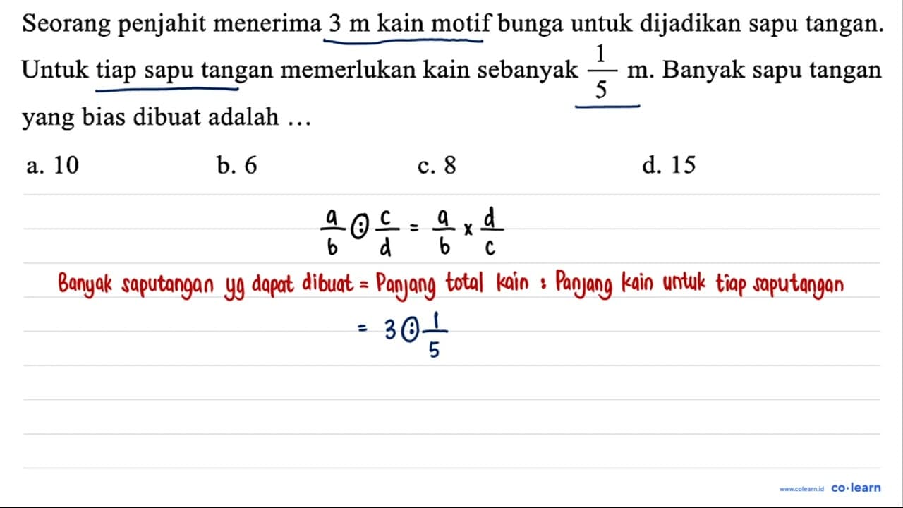 Seorang penjahit menerima 3 m kain motif bunga untuk